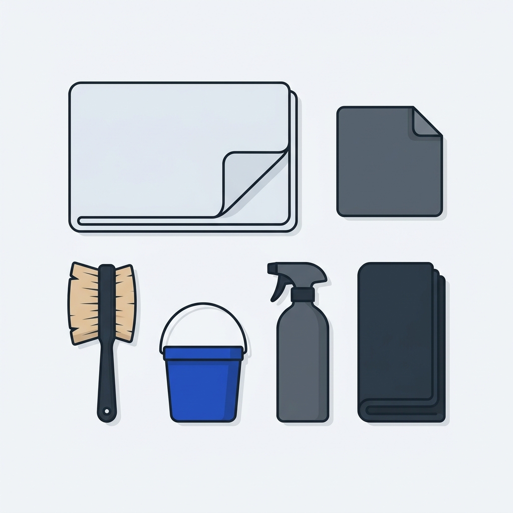 Overhead 2D vector layout of car cleaning tools microfiber cloths soft brush small bucket and unlabeled spray bottle on a minimalist Chalk and Graphite background with Cobalt accents neatly arranged what is a good cleaner for a car plastic dashboard