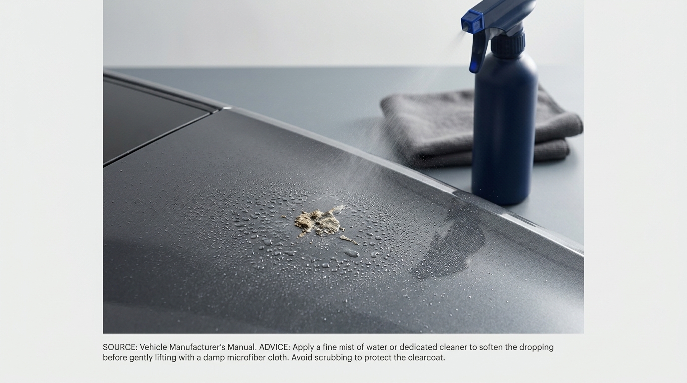 Close up of a car roof clearcoat with fresh bird poop softened by a spray bottle mist focusing on clearcoat texture and paint finish will bird poop permanently damage car paint