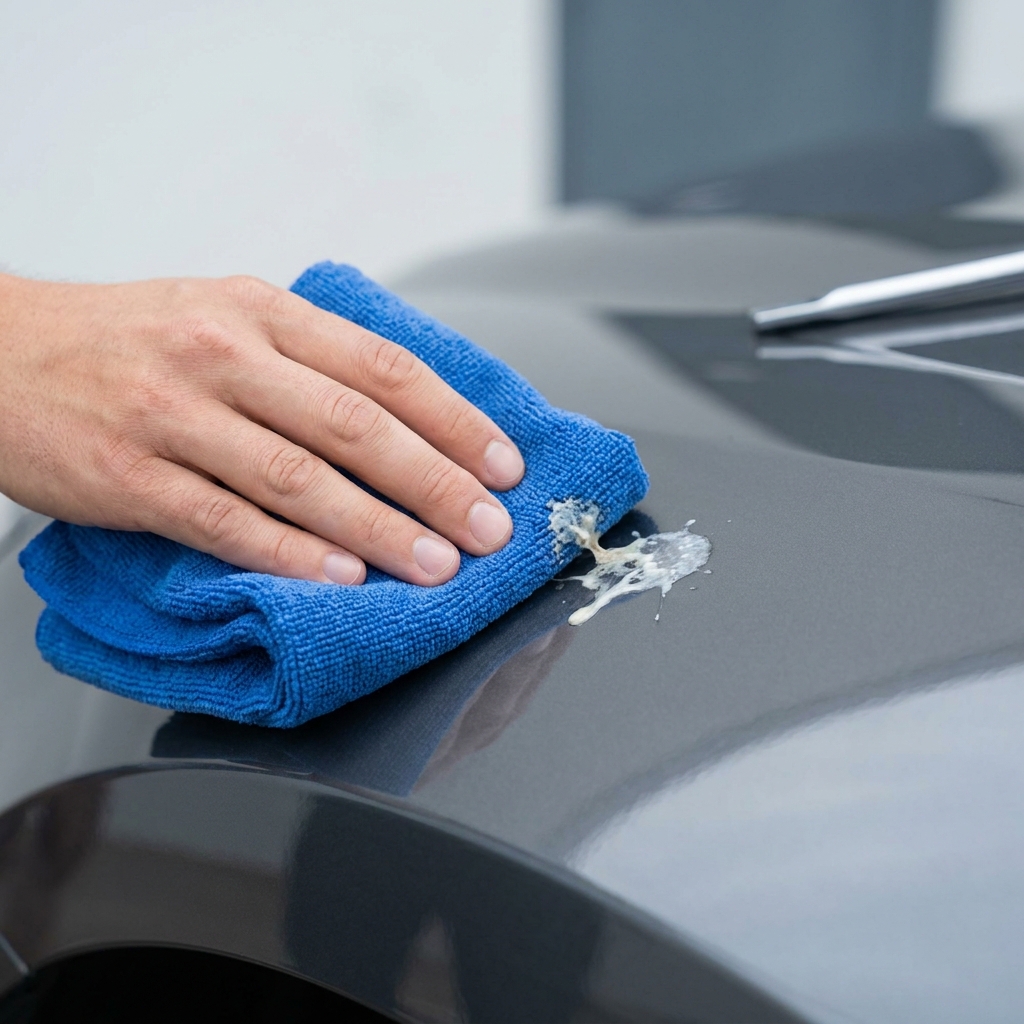 Close up of hand using microfiber cloth lifting a softened bird dropping from a glossy car panel minimalist graphite and cobalt accents shallow depth of field will bird poop permanently damage car paint