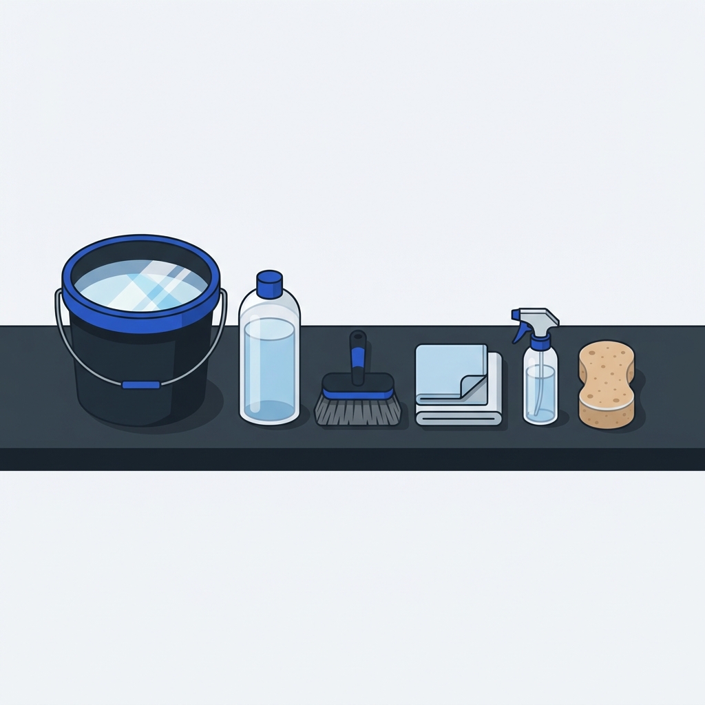 Minimalist 2D vector illustration of a tidy car detailing kit on a graphite garage bench with cobalt accents showing bucket car shampoo soft brush and microfiber cloths will bird poop permanently damage car paint