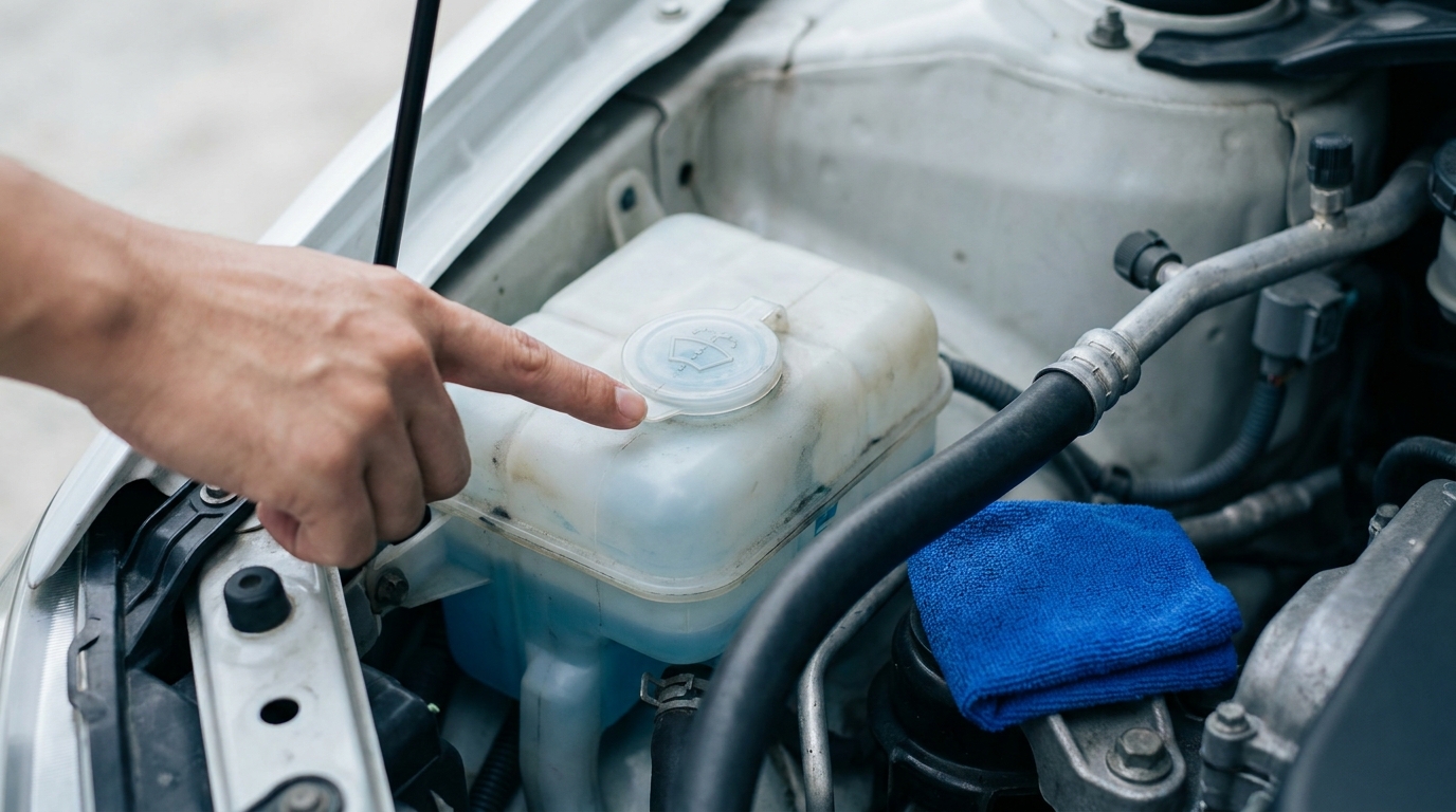 Close up of translucent windshield washer fluid reservoir under an open hood showing fluid level and clear cap symbol demonstrating how do i know if my windshield washer fluid is low