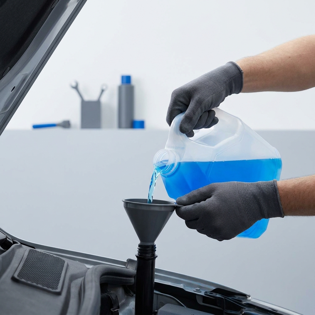 Hands pouring blue washer fluid through a small funnel into a car reservoir in a minimalist studio with graphite and cobalt accents how do i know if my windshield washer fluid is low