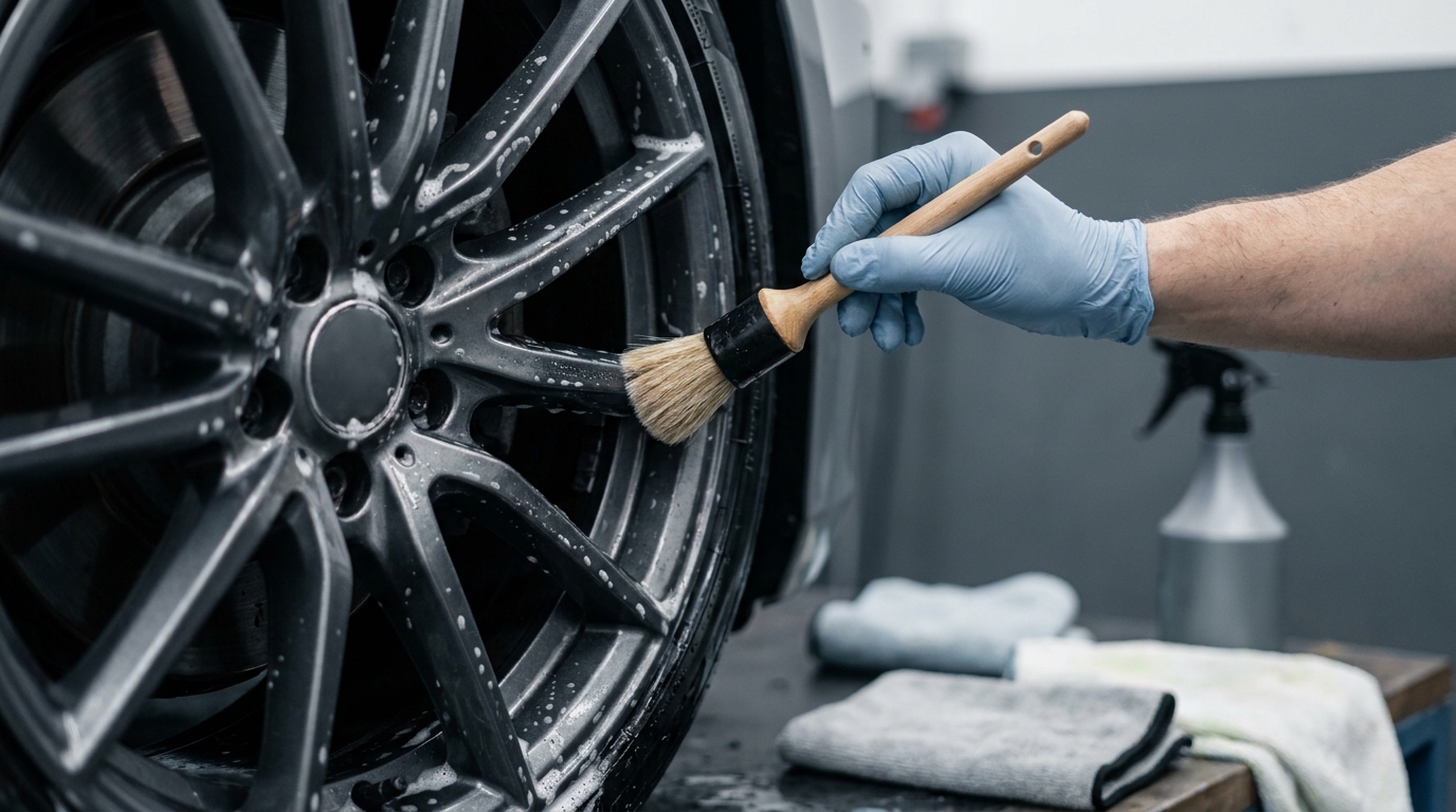 Close up of a hand cleaning a cool alloy wheel with a soft brush in minimalist graphite and cobalt styling