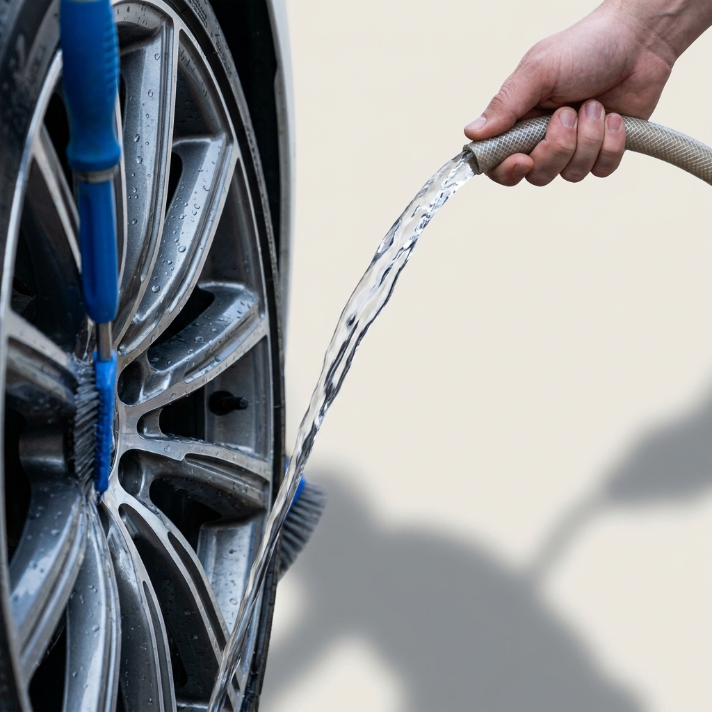 Close full frame detail of alloy wheel spokes being rinsed by a hose spray on a neutral chalk background with graphite and cobalt accents