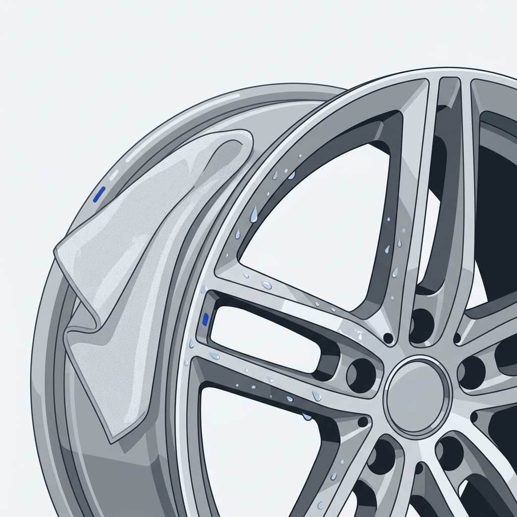 Minimal 2D vector illustration of a microfiber cloth drying a freshly cleaned alloy wheel close up showing metallic finish texture and subtle water streaks