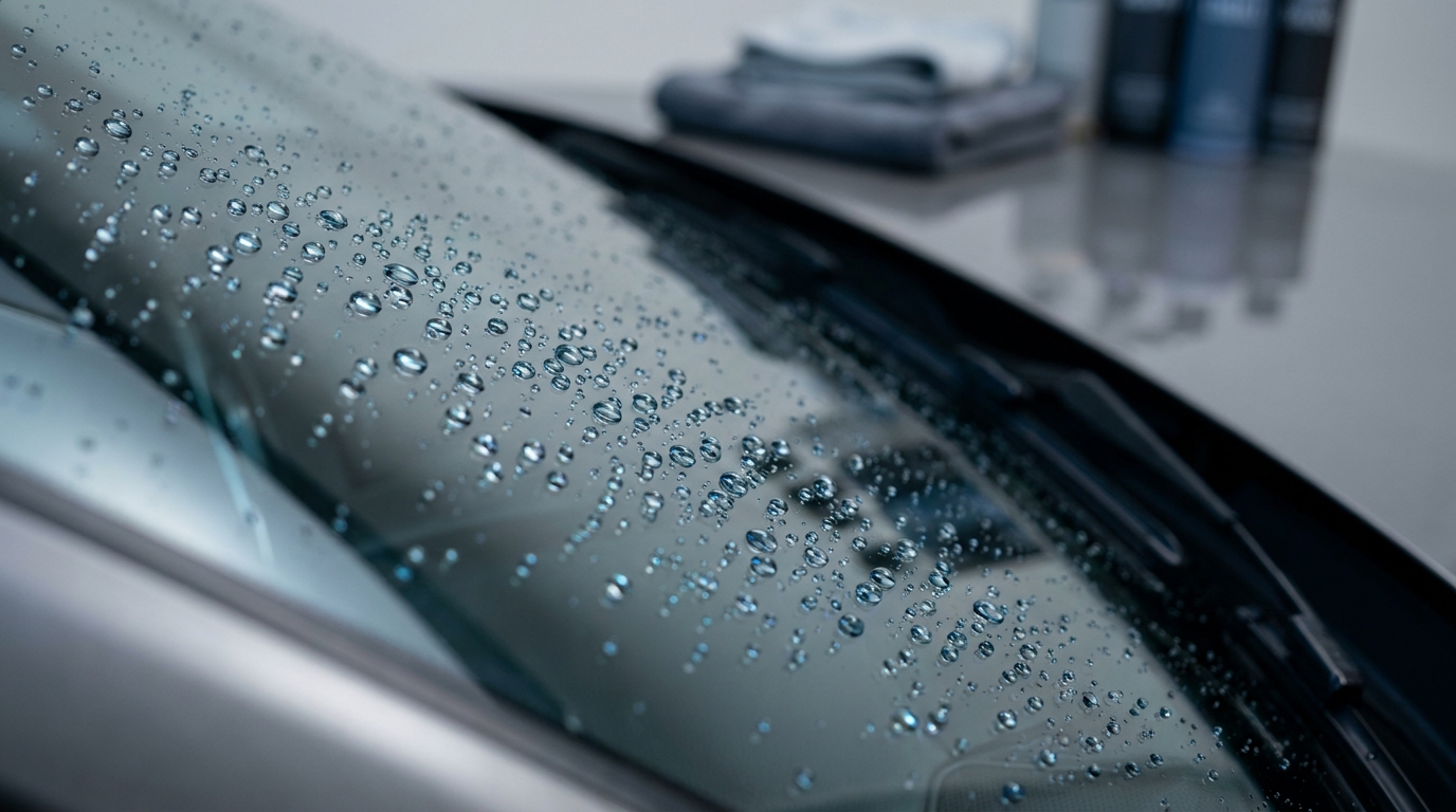 Close up full frame windshield with water beading on glass and neutral grey car paint background editorial car care photo