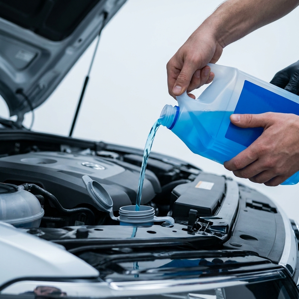 Hand pouring blue windshield washer fluid into an open washer reservoir under a car hood in a cool toned car care setting