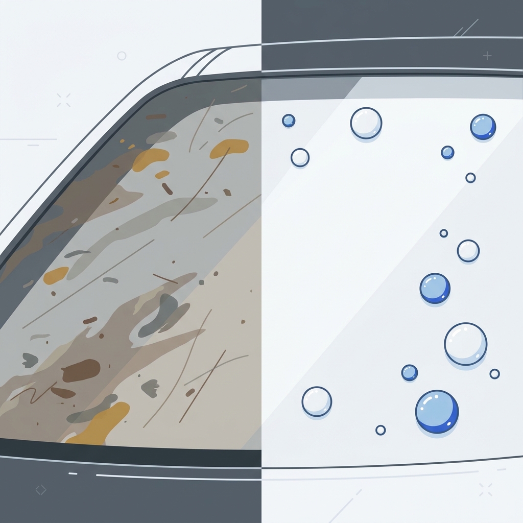 Before and after windshield split showing insect residue on left and clear beaded water on right in a car care context