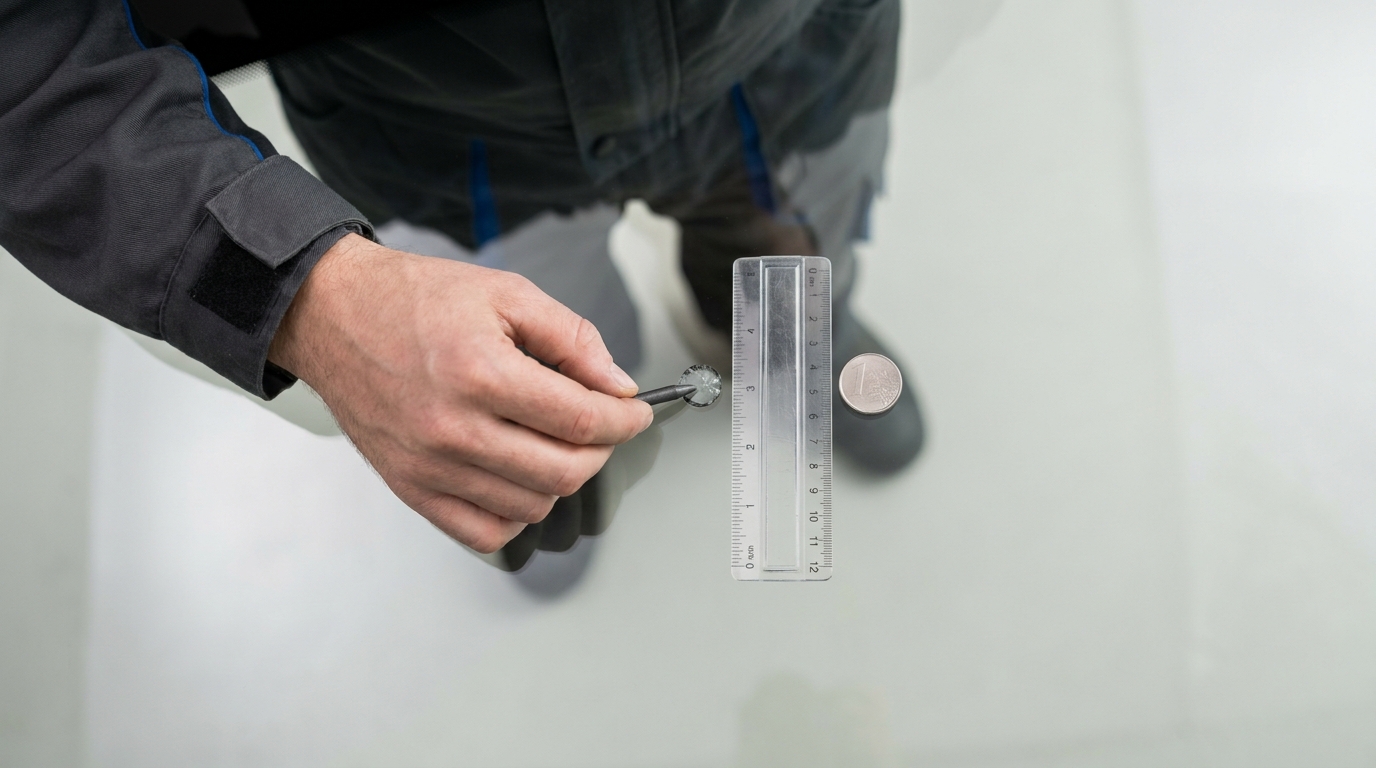 Technician overhead inspecting a windshield chip with a clear ruler and coin for scale showing natural lighting graphite and cobalt accents