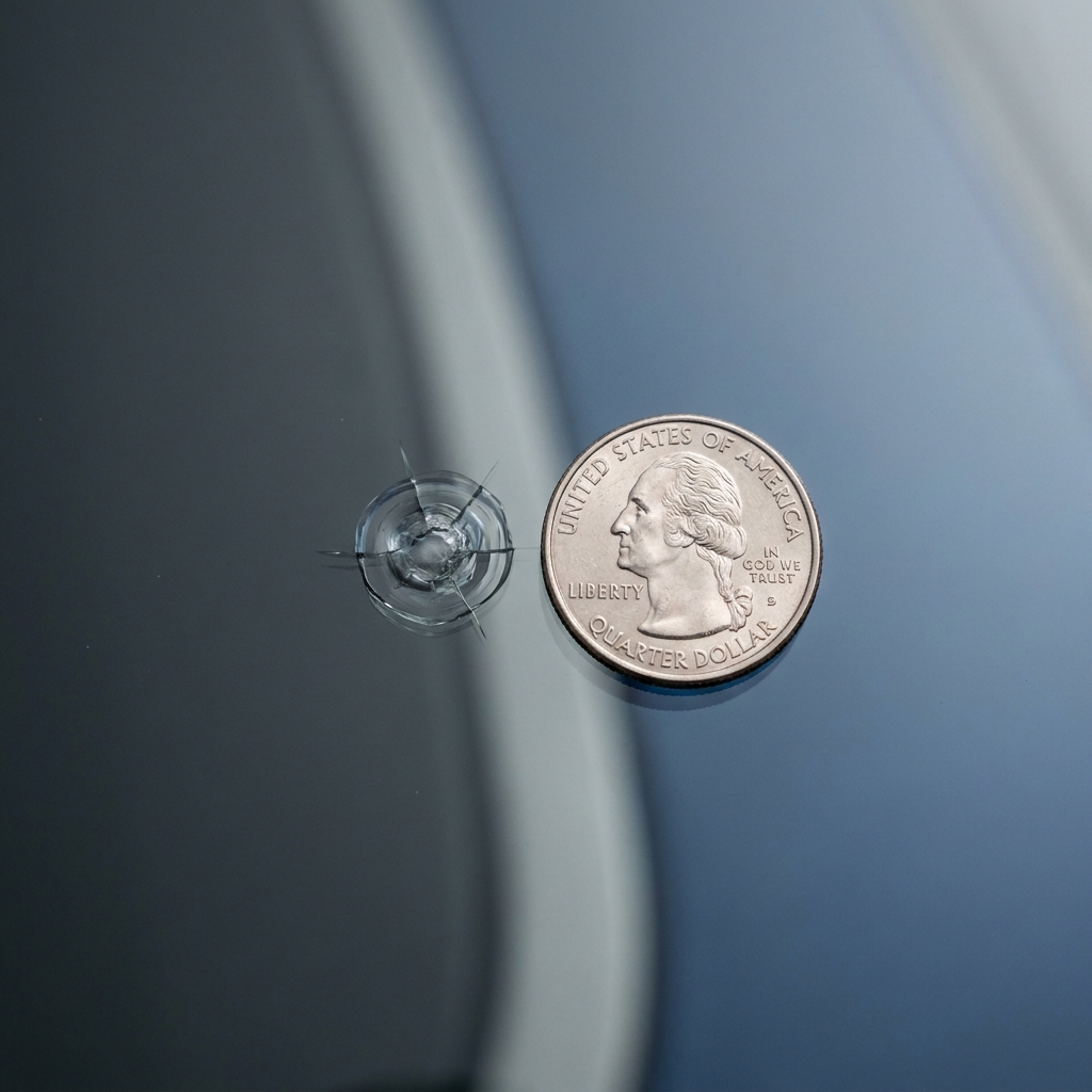 Straight on closeup of a US quarter next to a small bulls eye chip in a windshield on a chalk toned background showing relative scale