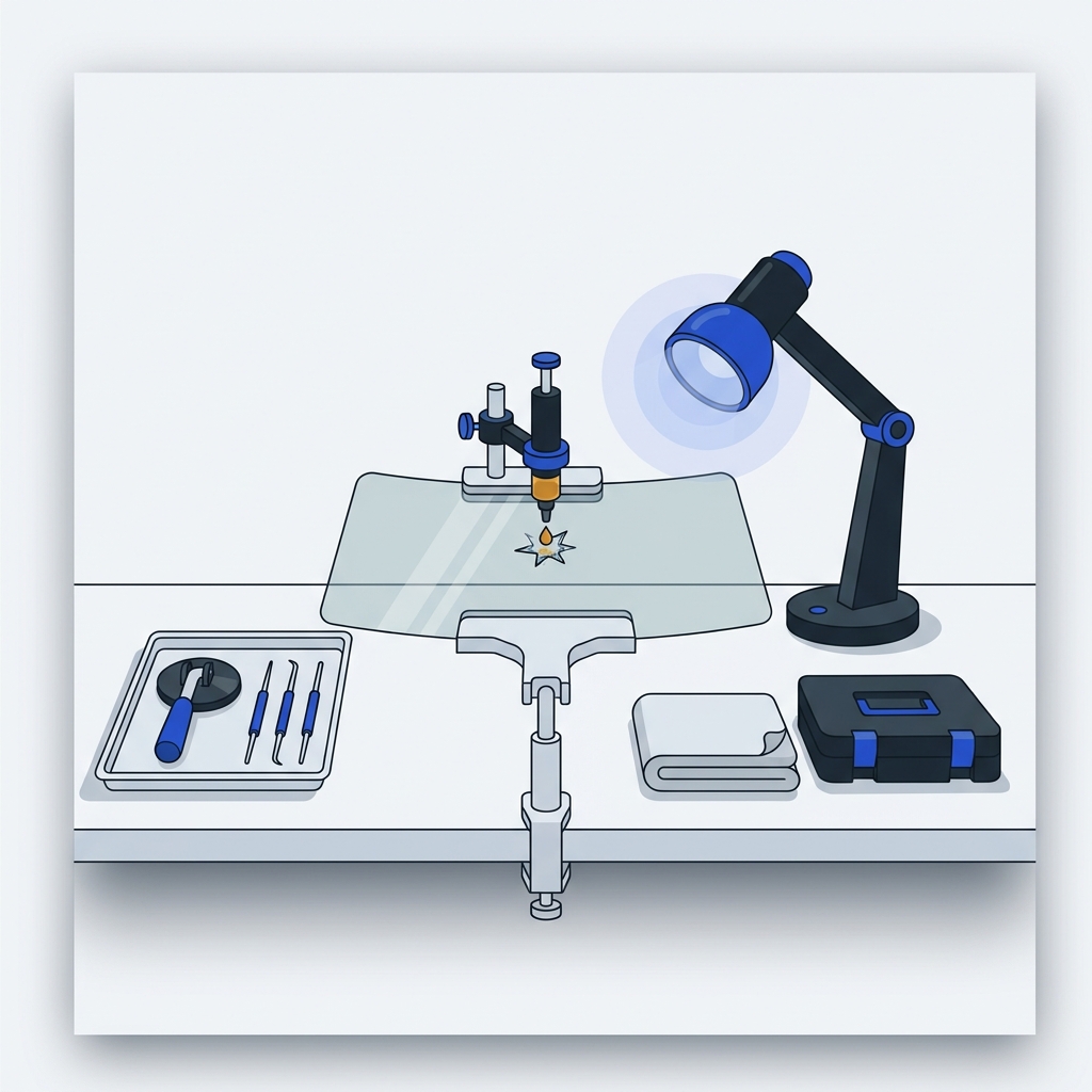 Minimalist 2D vector of a windshield repair station showing a resin injector and UV curing lamp focused on a small chip