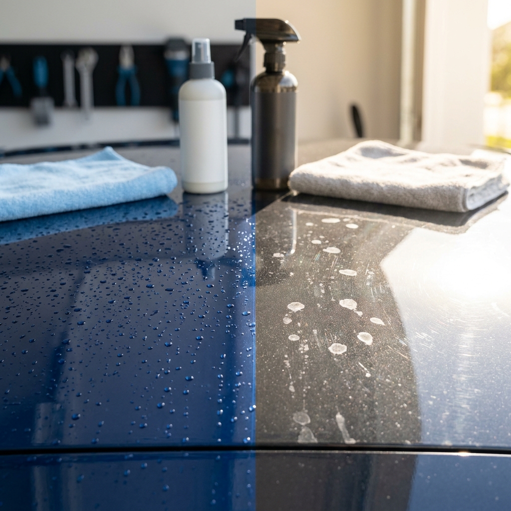 Close up of a wet car door panel showing water spots on the sunny side and a clean shaded side