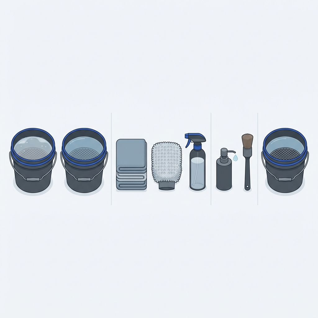 Top down minimalist 2D vector of panel by panel car wash tools two buckets with grit guards microfiber towels wash mitt and spray bottle on chalk background