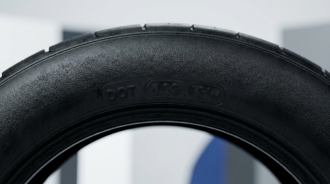 Close up full frame of a car tire sidewall focusing on the DOT area with embossed characters deliberately blurred and unreadable, studio lighting, graphite and cobalt accents