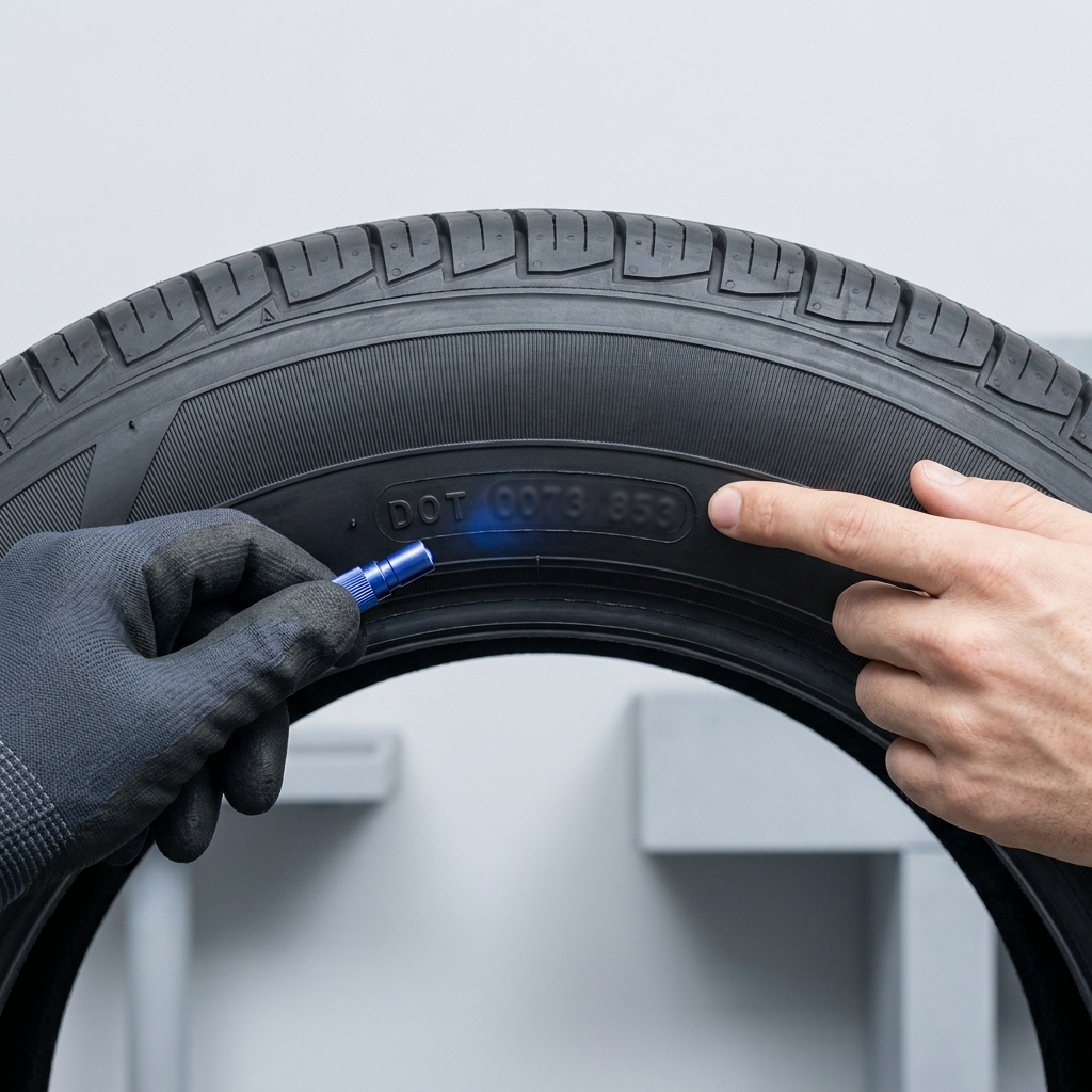 Two hands pointing to the DOT stamp area on a tire sidewall with week and year digits intentionally blurred close up car care shot