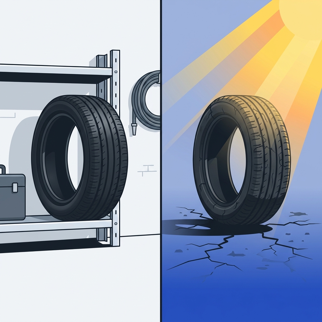 Split 2D vector comparison of a tire stored in a cool dry space versus a tire left in direct sun showing surface cracking and dry rot