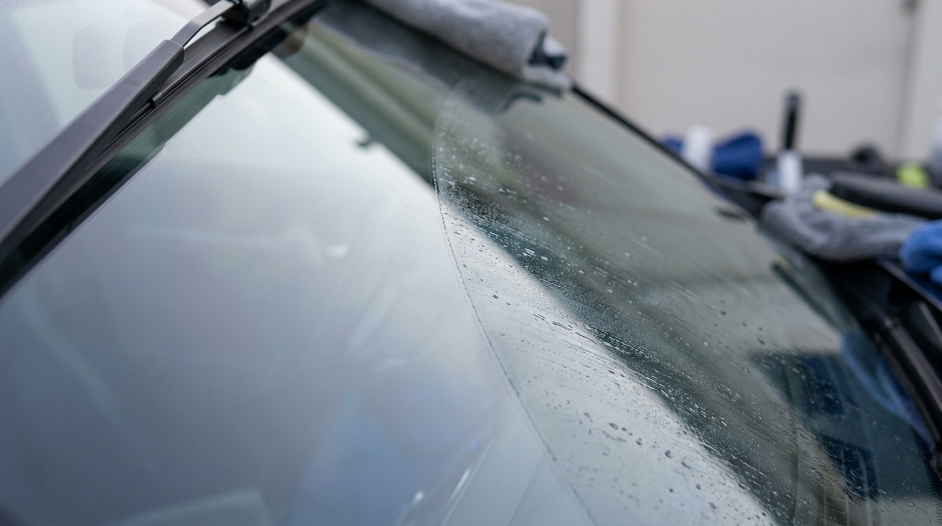 Full-frame close-up of a car windshield showing a clear wiper sweep next to a cloudy streaked section in graphite and cobalt tones, illustrating windshield streaking despite new wipers