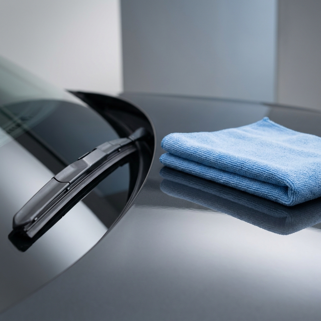 Macro photo of a wiper blade edge and a lint free cloth on a graphite car hood under cobalt and graphite lighting