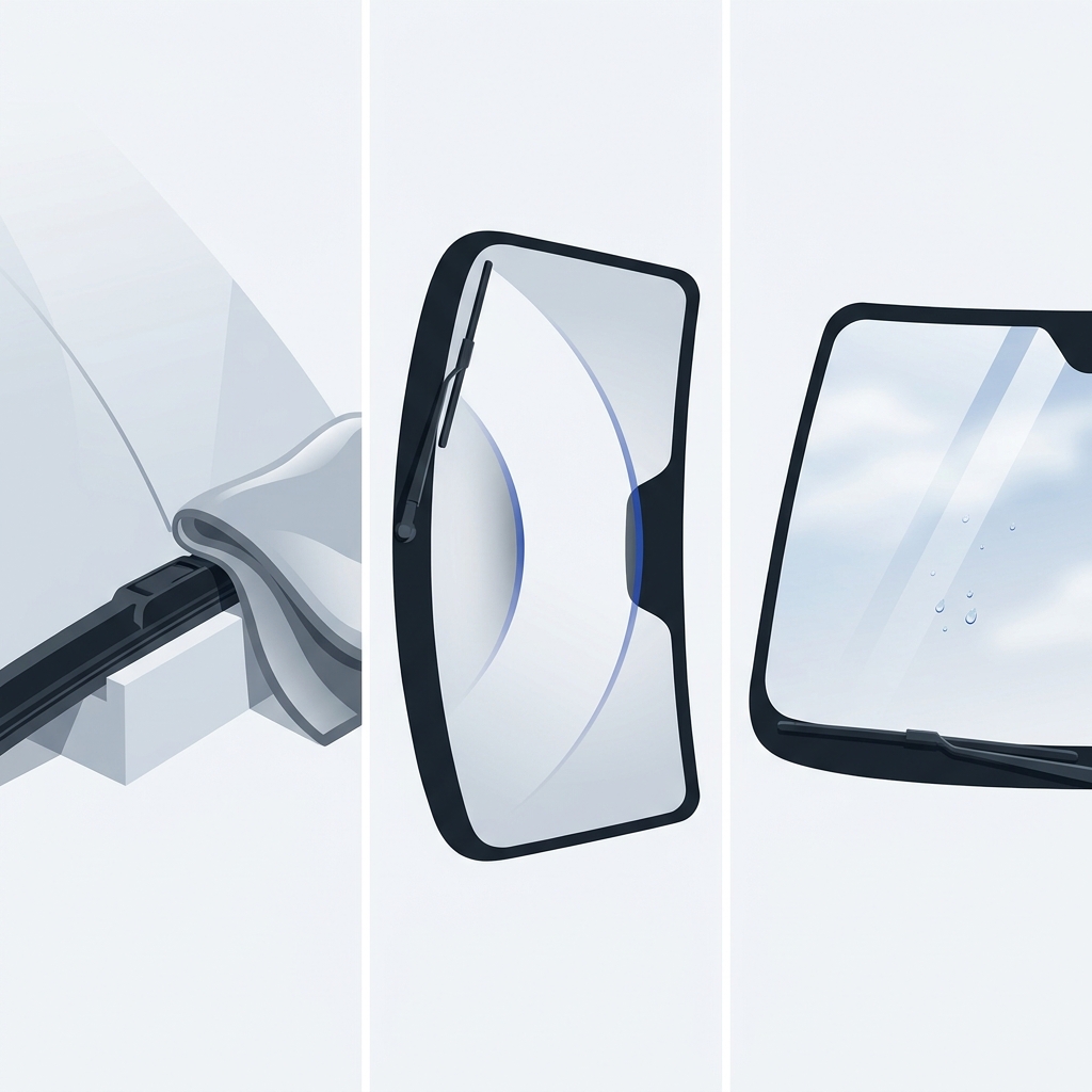 Minimalist 2D vector triptych showing wiping the wiper blade edge cleaning the sweep path and a final clear wipe