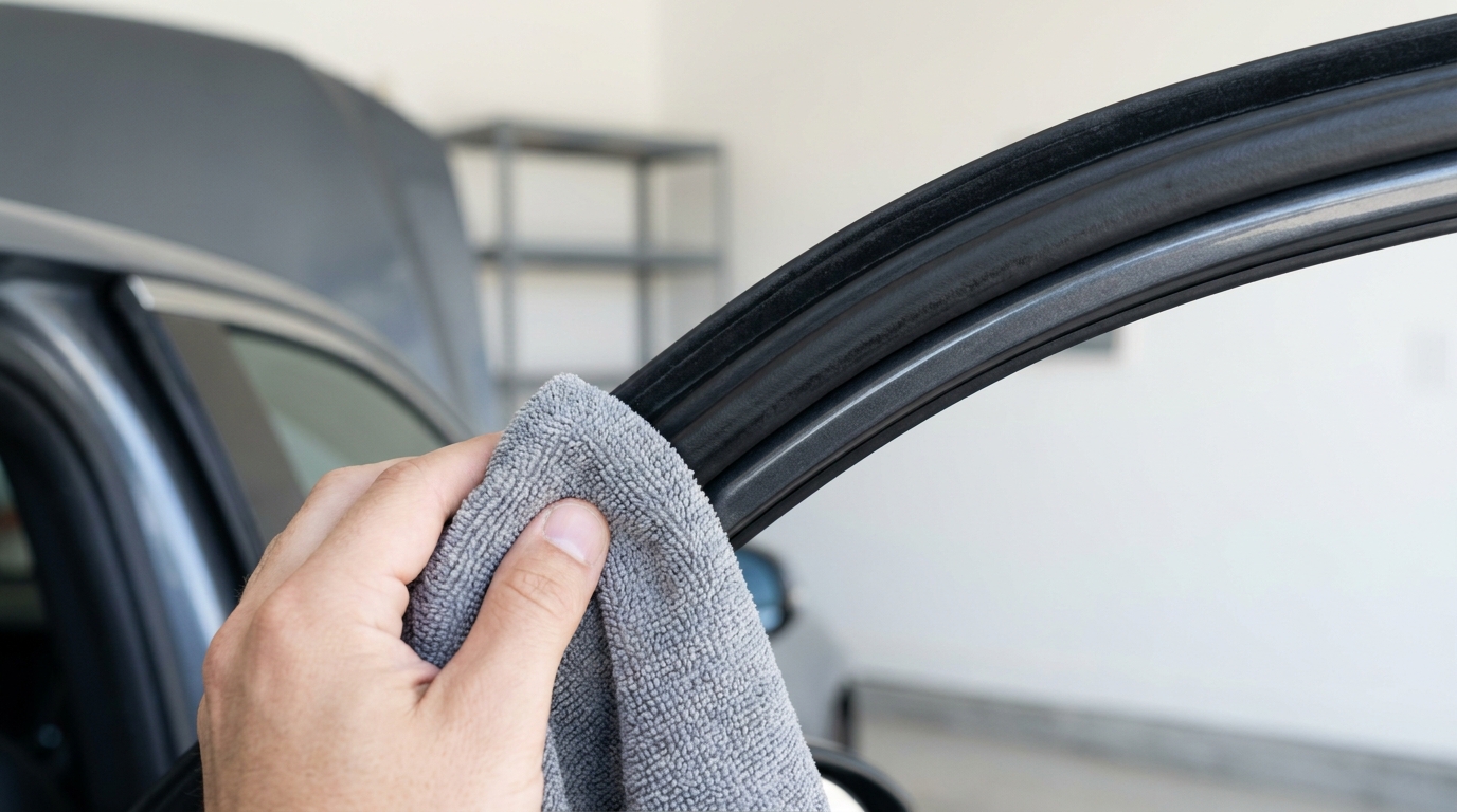 Car door rubber seal being wiped with a microfiber cloth in natural daylight graphite and cobalt accents