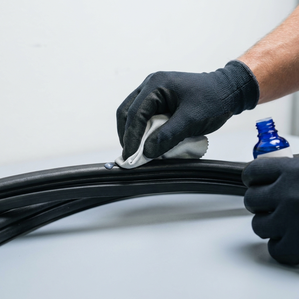 Editorial macro showing hands applying silicone conditioner to car door seal, driven and kept accents