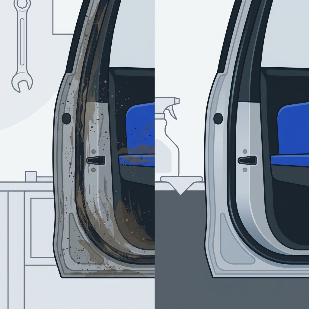 2D vector diptych showing a car door rubber seal before cleaning and after a thin silicone finish in an automotive workshop