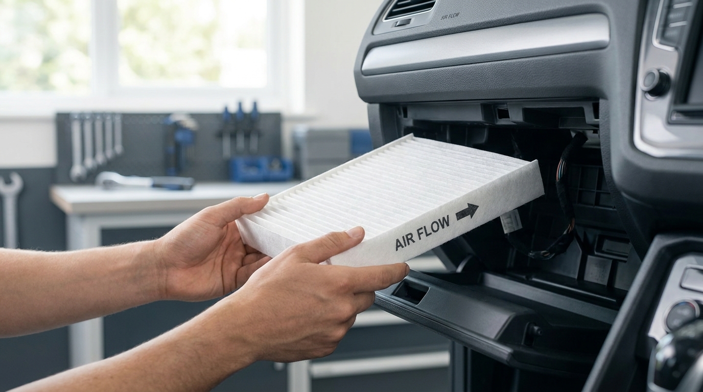 Close up of a cabin air filter held near a car glove box opening showing the airflow arrow toward passenger compartment