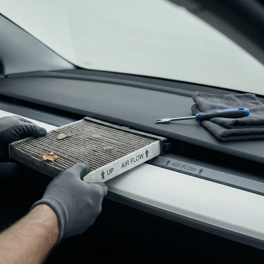 Hands removing an old cabin air filter from a housing showing UP and AIR FLOW markings inside a clean car cabin in graphite and cobalt accents