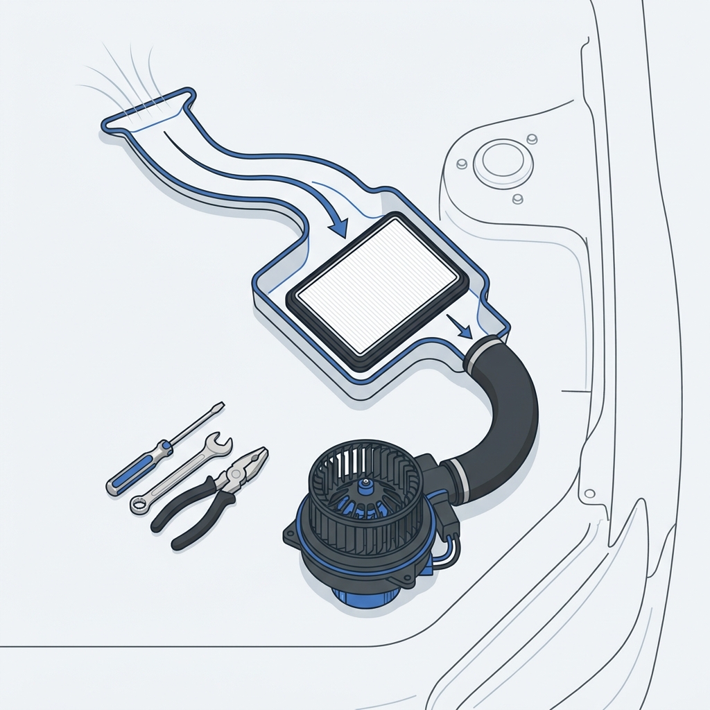 Overhead 2D vector of car fresh air intake path and blower with tool set on chalk background