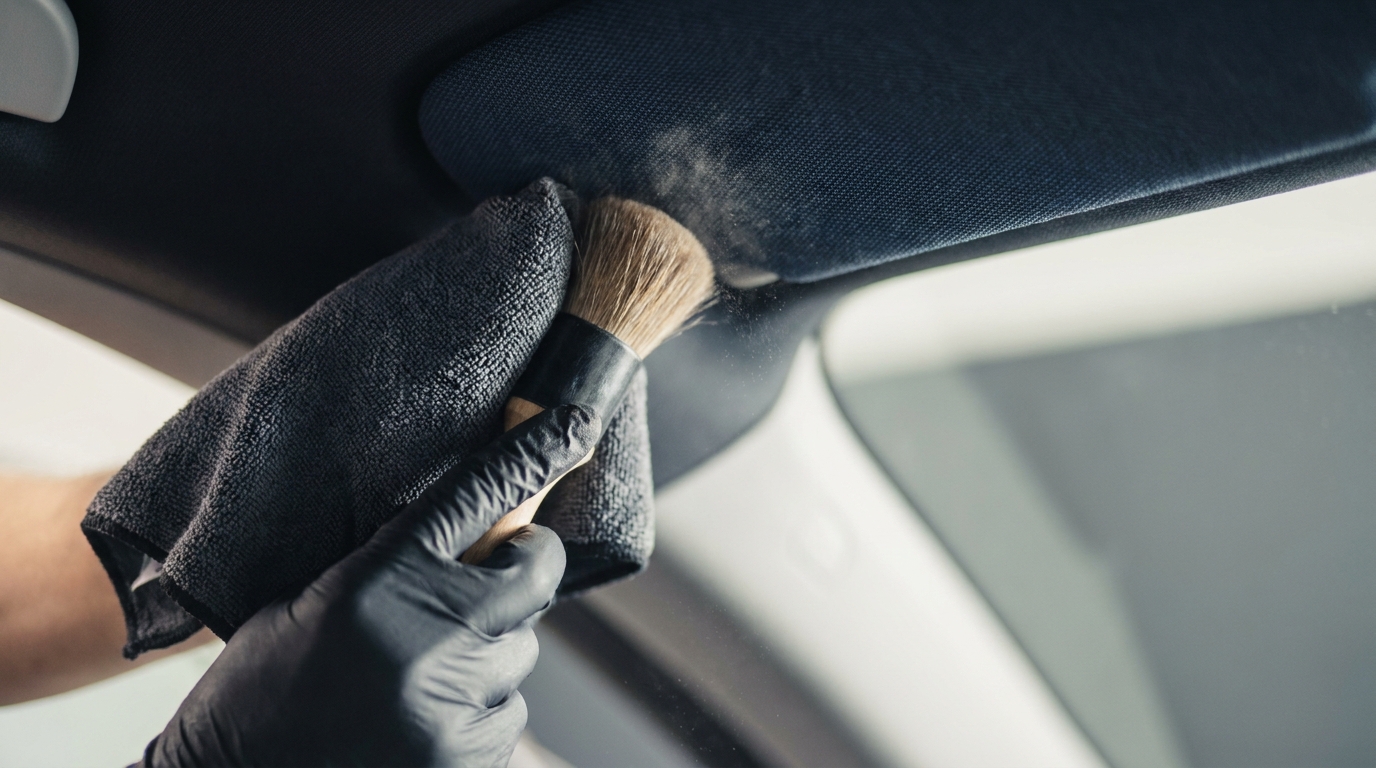 Close full frame photo of hands gently cleaning a car headliner with a microfiber cloth and soft brush in a graphite and cobalt styled interior