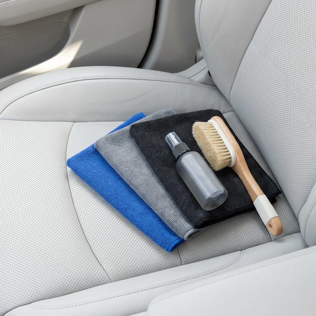Top interior view of a car seat with microfiber cloths soft brush and small spray bottle arranged neatly
