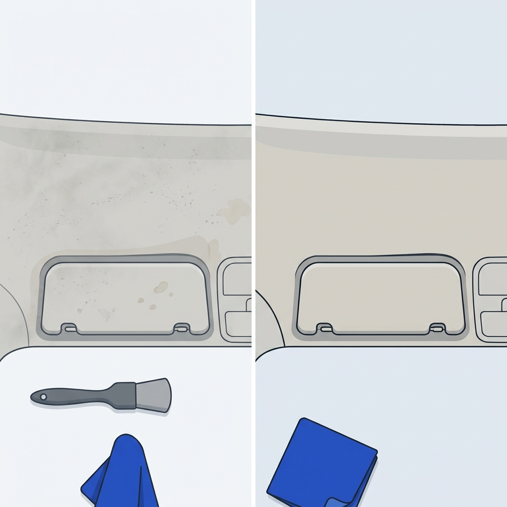 Split 2D vector before and after crop of car headliner showing stained left side and freshly cleaned right side with cobalt microfiber cloth on a Chalk background