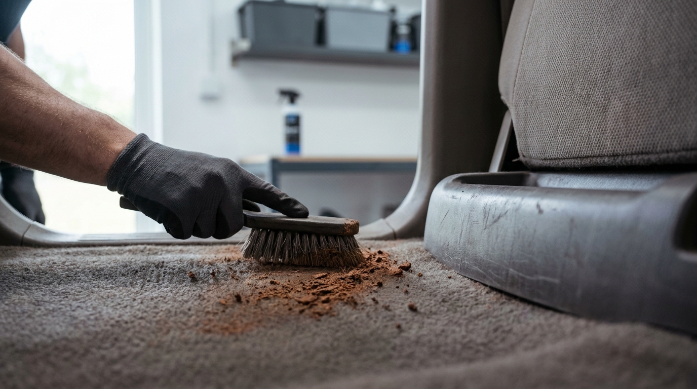 Technician brushing crusted mud from a car carpet in a minimalist graphite and cobalt styled interior