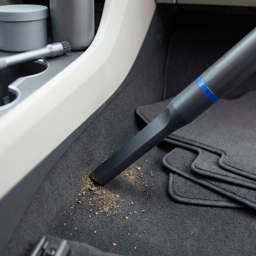 Crevice tool vacuuming loosened caked dirt from a driver side car footwell with removed mats visible in minimalist graphite and cobalt styling