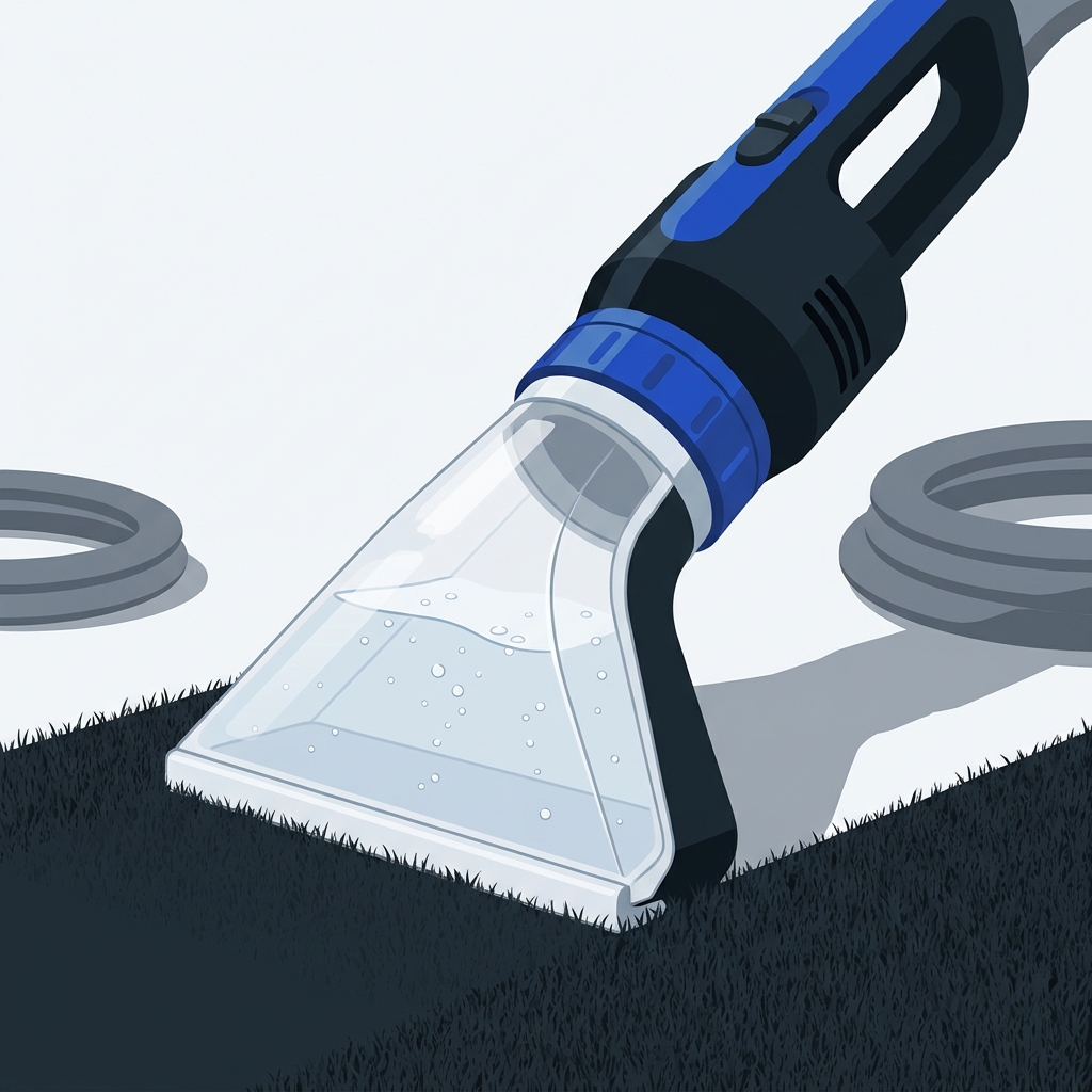 2D vector of wet dry vacuum extractor head on car carpet showing transparent water recovery tank and clear fluid