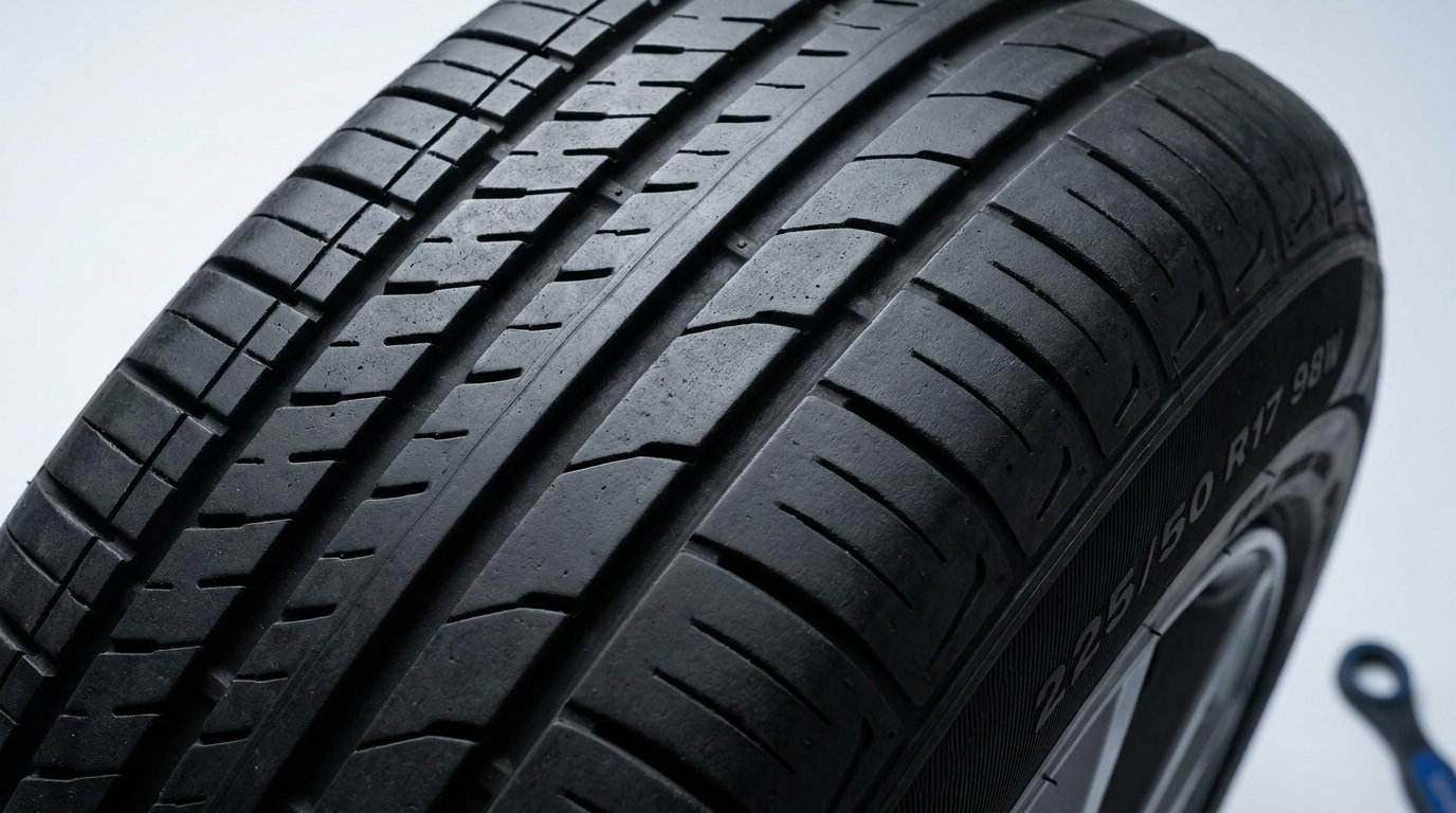 Full frame close up photograph of a car tire tread showing inner and outer zones and clear sidewall markings against a Chalk and Graphite toned background what does asymmetrical mean on a tire