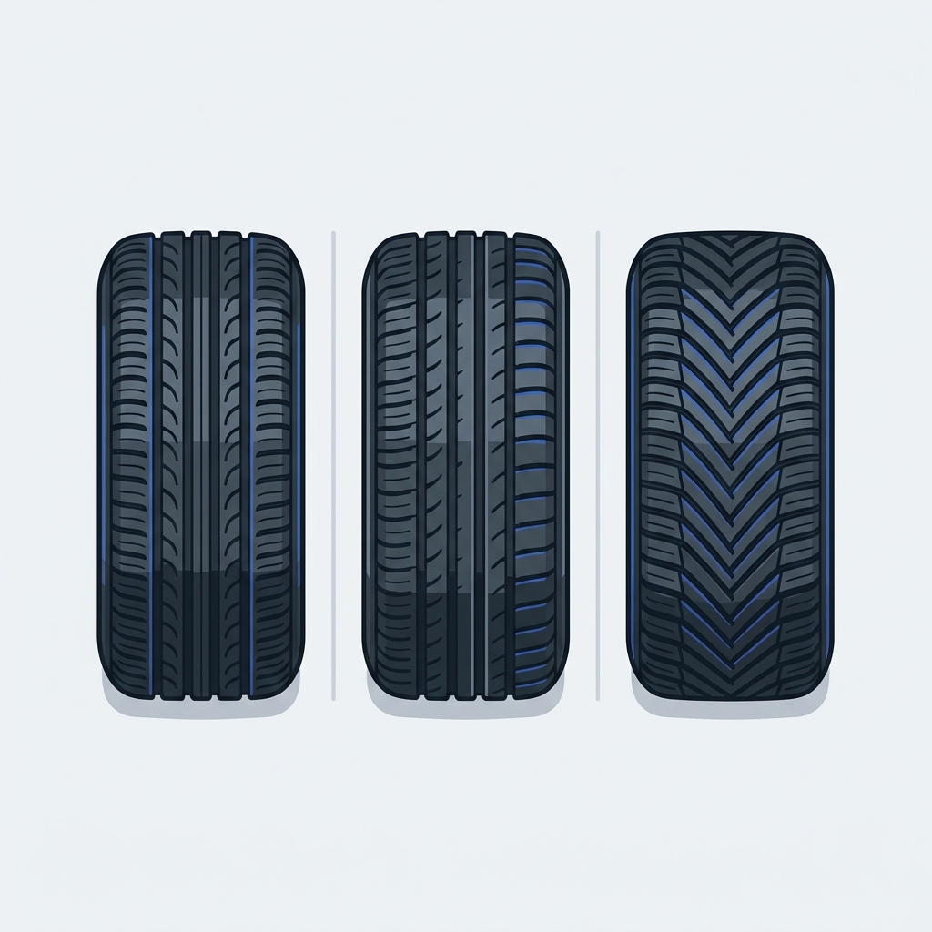 Top down vector illustration of three car tires on a Chalk background showing symmetrical asymmetrical and directional tread patterns side by side what does asymmetrical mean on a tire