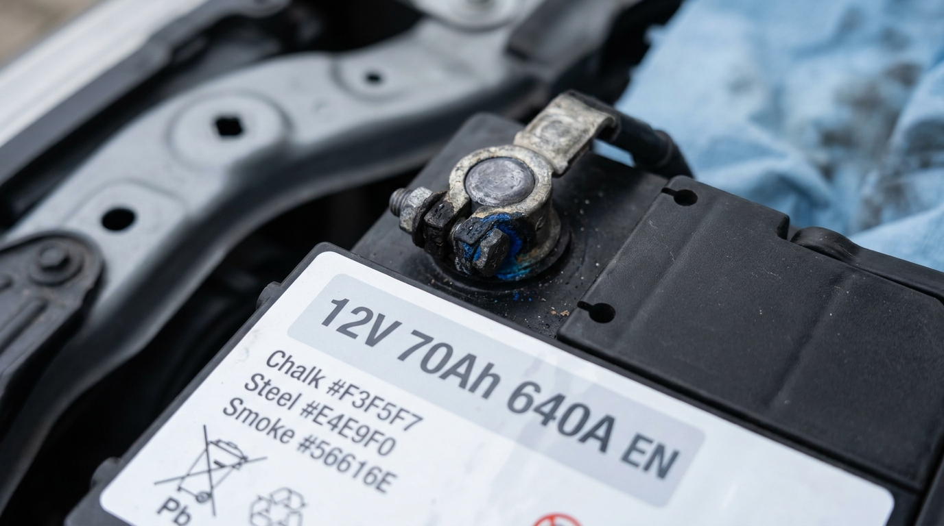 Close-up of a car battery terminal and capacity label with clear Ah and voltage markings in graphite and cobalt brand palette