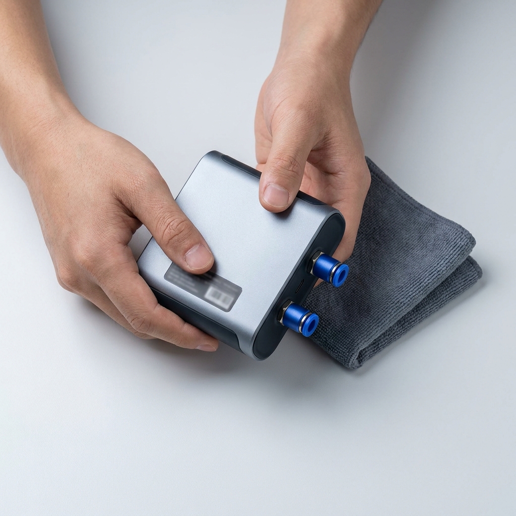Hands holding a compact portable power pack with visible connectors and a blurred label area minimalist graphite and cobalt styling