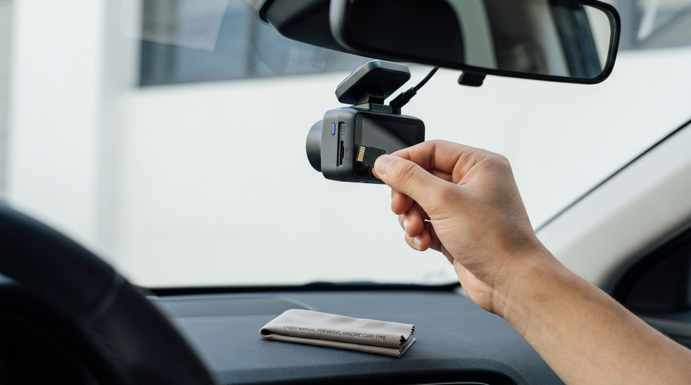Close up of hands inserting a microSD card into a dash cam on a clean minimalist dashboard with graphite and cobalt accents