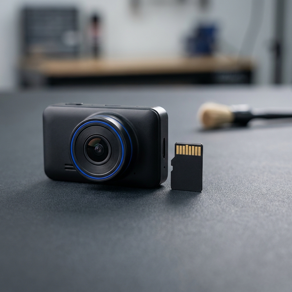 MicroSD card next to a compact dash cam on a graphite surface with cobalt highlights focused on the card label