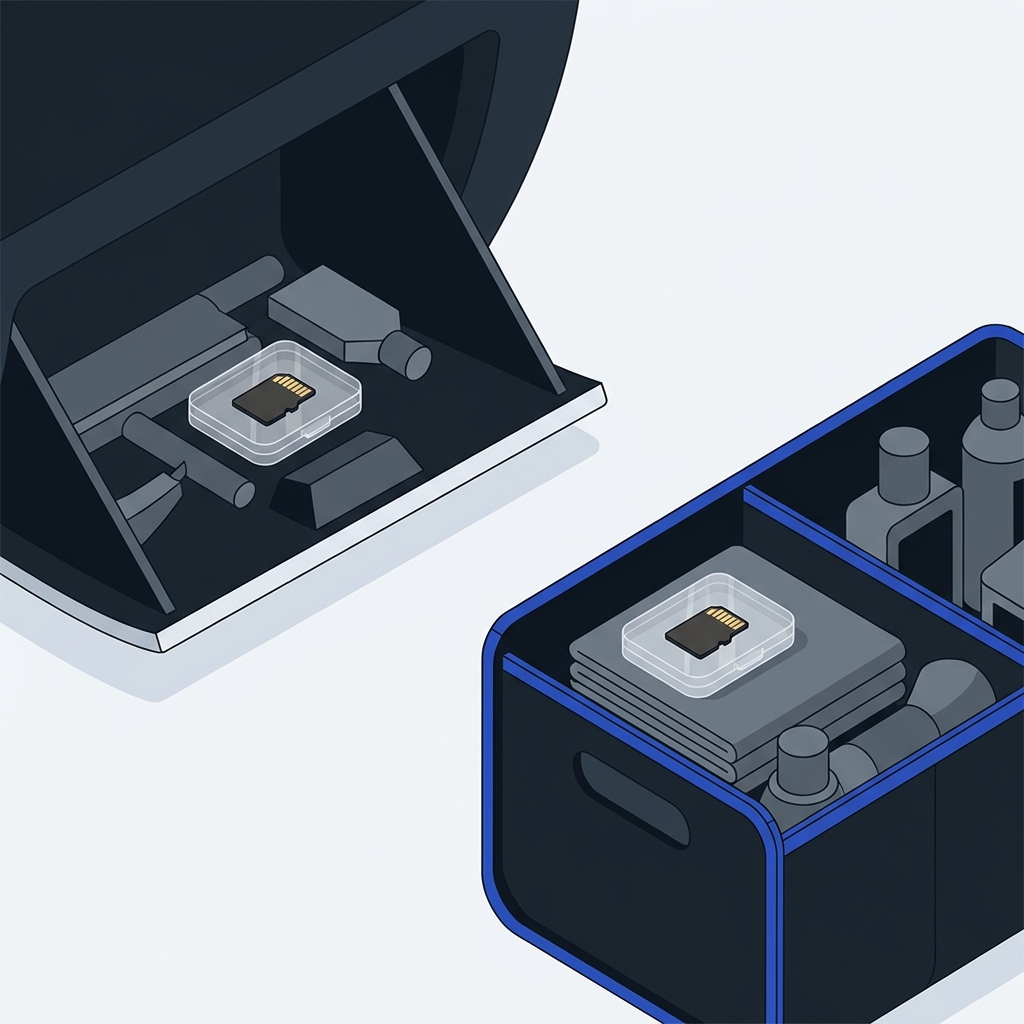Minimal 2D vector of an open car glovebox and tidy trunk organizer with a clear microSD case holding a spare microSD, graphite and cobalt accents suggesting preparedness