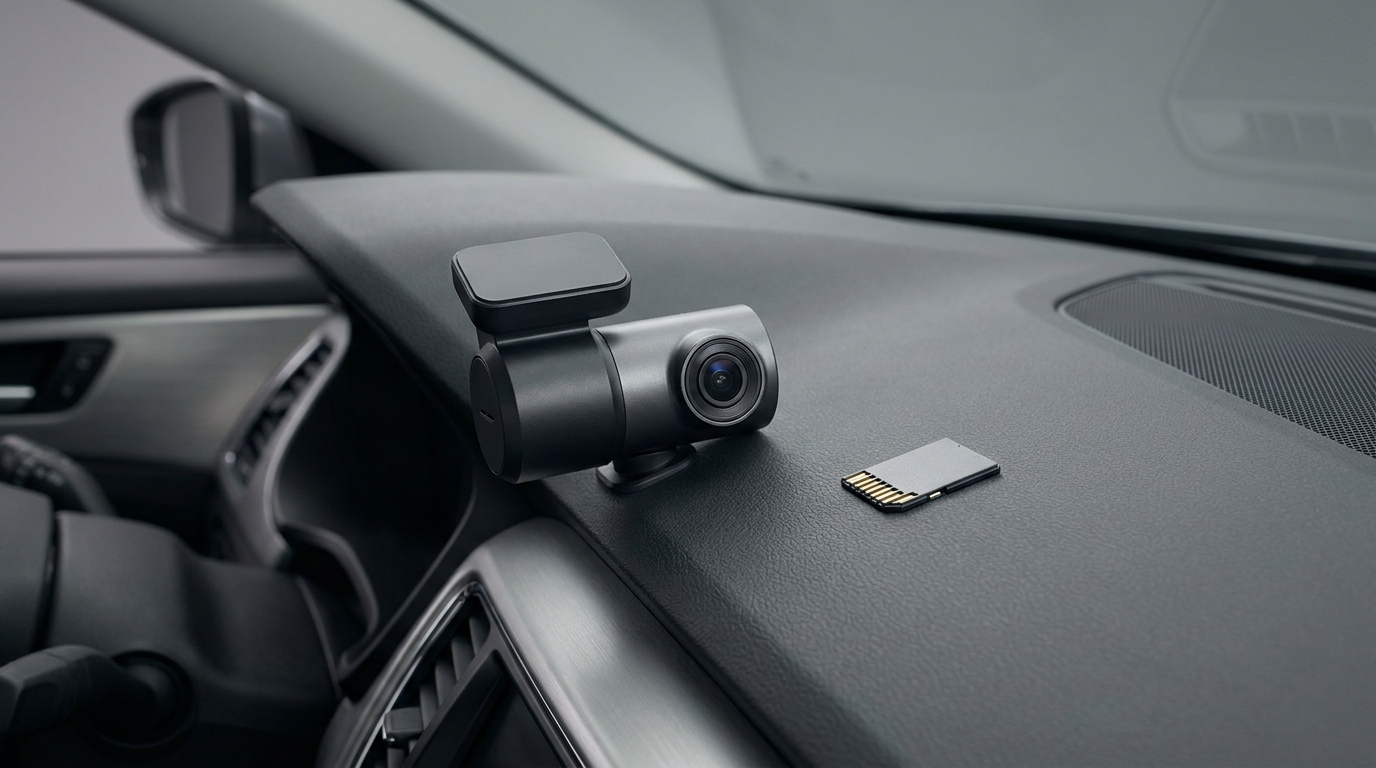 Close up full frame dashboard photo of a compact dash cam beside an SD card with connectors in sharp focus in graphite and cobalt tones minimalist layout