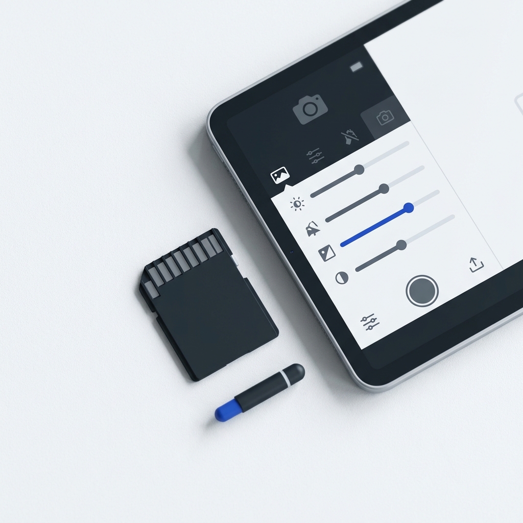 Overhead photo of a microSD card beside a tablet showing graphical camera setting icons and sliders on a clean chalk and graphite background