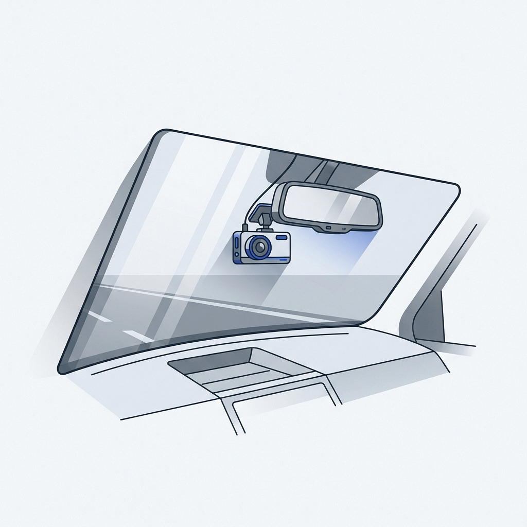 Minimalist 2D vector detail of a parked car windshield with a compact dash cam behind the mirror in graphite lighting and cobalt accents