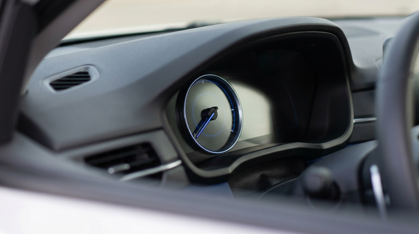 Close up of a clean car dashboard instrument cluster showing a power meter and battery charge gauge with graphite and cobalt accents
