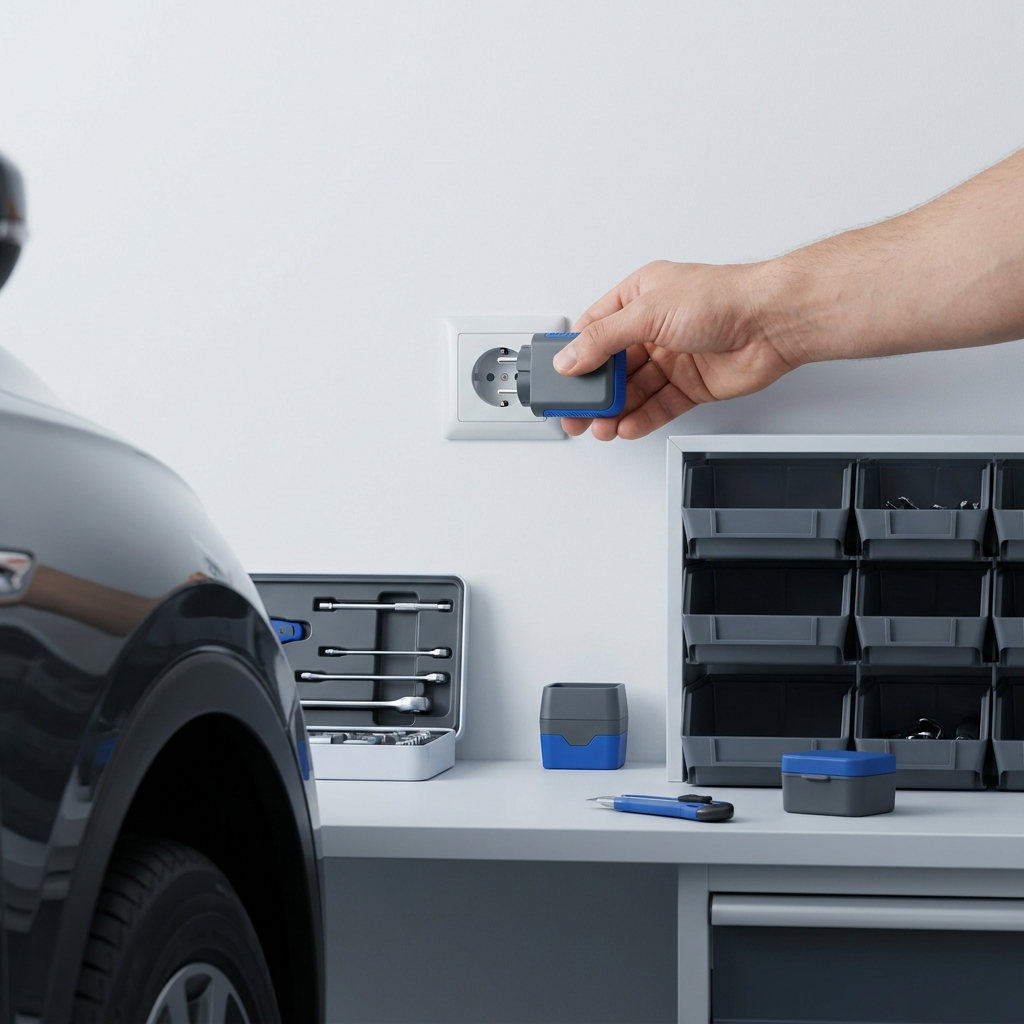 Full frame photo of a homeowner plugging a compact energy monitor into a wall socket beside a tidy garage workbench with a visible car fender