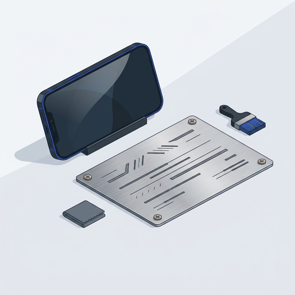 A smartphone photographing a metal appliance nameplate on a minimalist Chalk background with Graphite and Cobalt accents centered composition