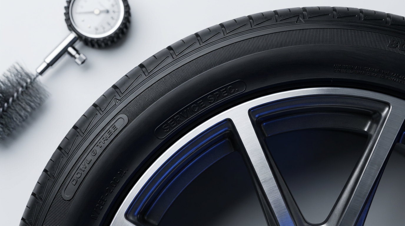 Full frame close up of a clean tire sidewall and alloy wheel with the service description area highlighted in graphite and cobalt accents