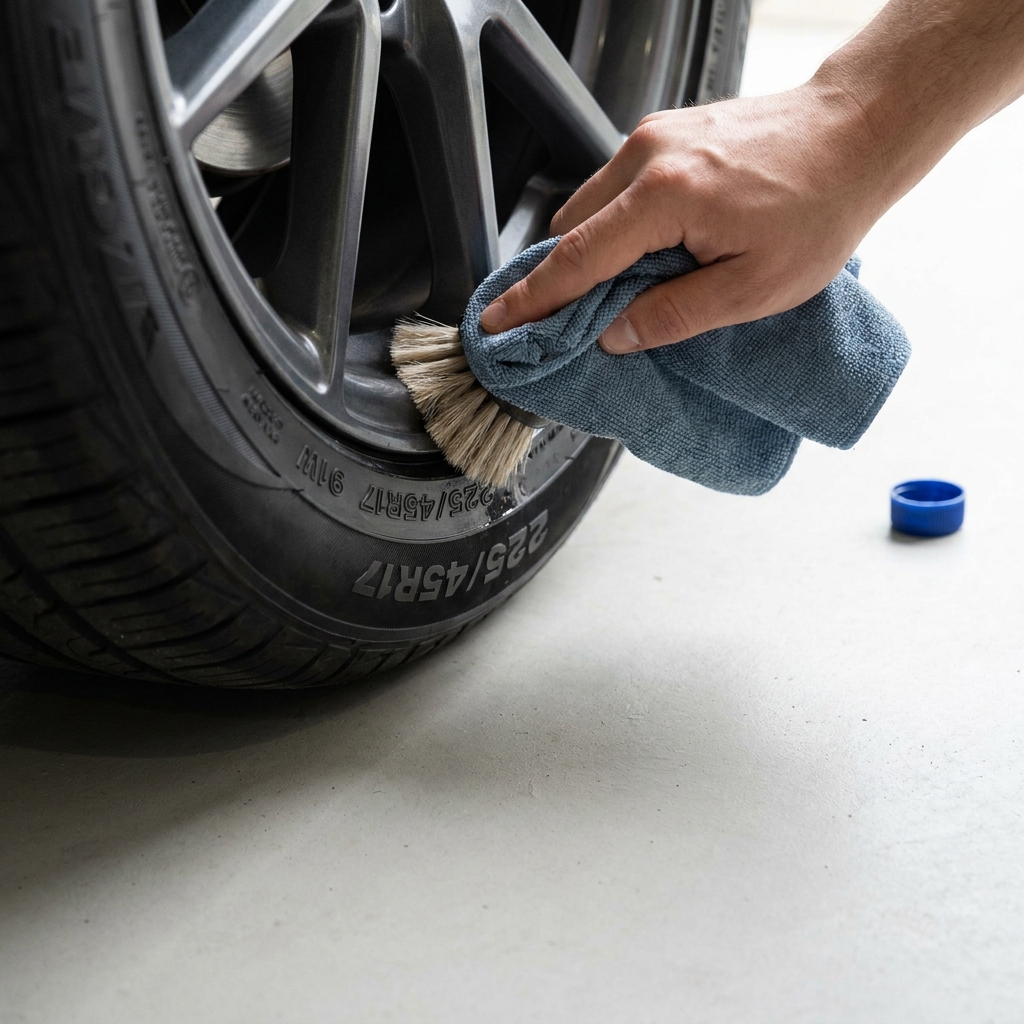 Full frame close up of a bare hand cleaning a tire sidewall to reveal service description and speed rating letters with minimalist graphite and cobalt accents
